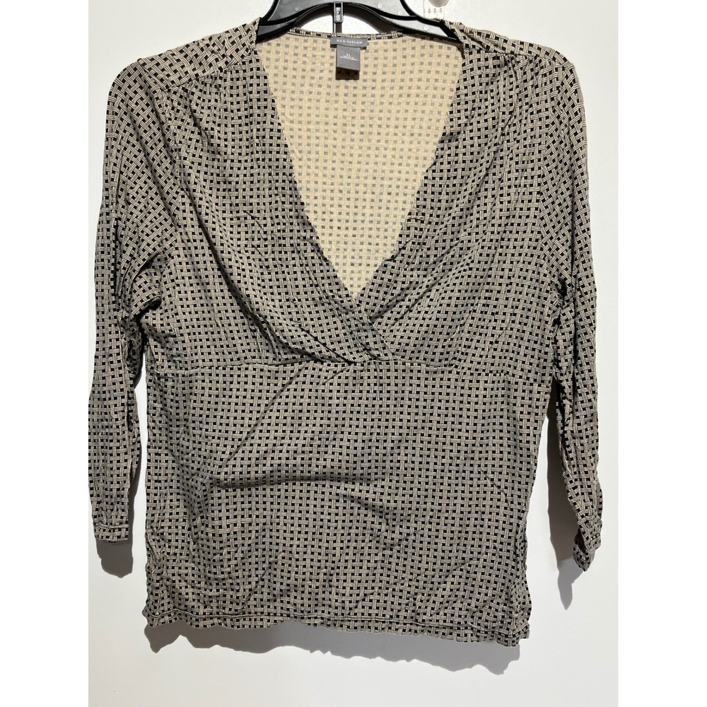 Ann Taylor Womens XL Black Tan Geometric Basketweave Faux Wrap V-Neck Blouse